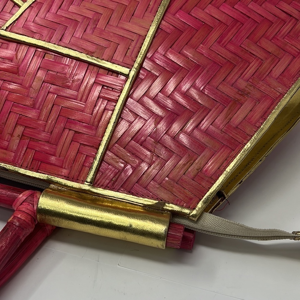 Pink Rattan Gold Lame Leather Zip Large Structured Handbag - Picture 12 of 16